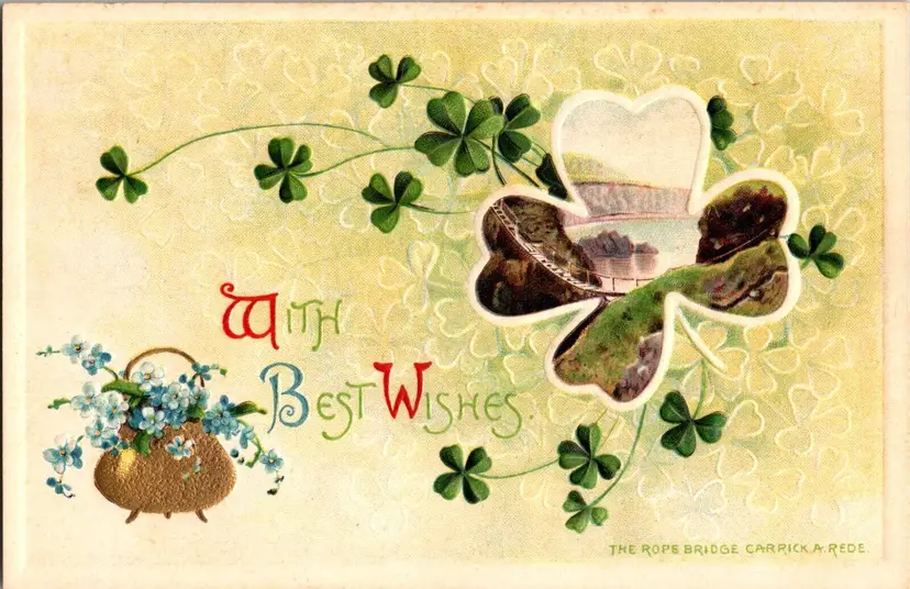 Postcard St Patrick's Day With Best Wishes The Rope Bridge Carrick-a-Rede Clover