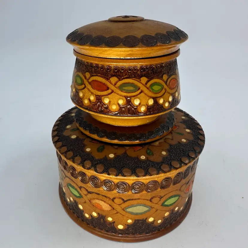 Vintage Romanian Folk Art Hand Carved Painted Wood Boxes Set/2