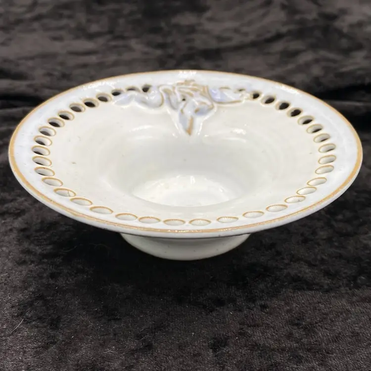 Studio Pottery Red Clay Reticulated Candle Holder, Majolica Glaze, Ribbon