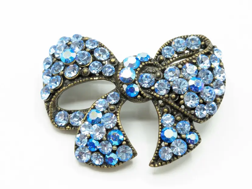 Blue Rhinestone Bow Brooch Pin Sparkly