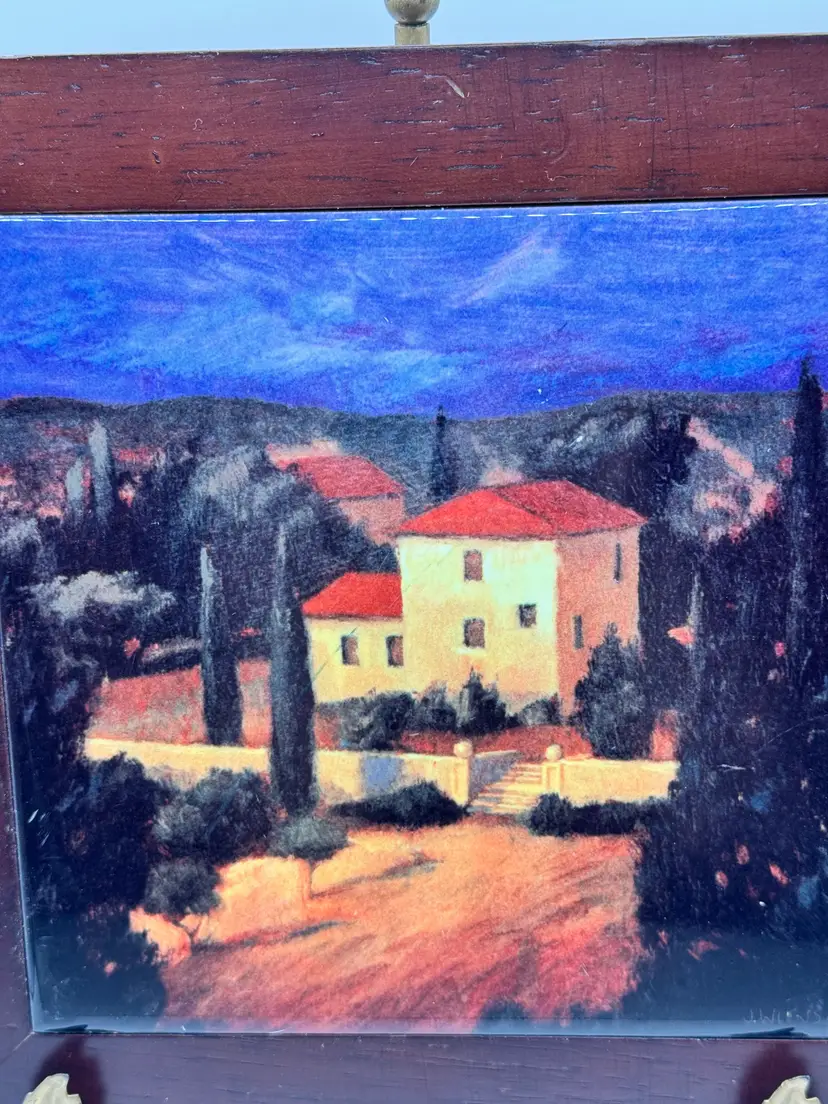 Vintage Italian Tuscany Manor Home Hand Painted Ceramic Tile, Real Wood Frame With Hanger, Signed By James Wiens, Made In Italy