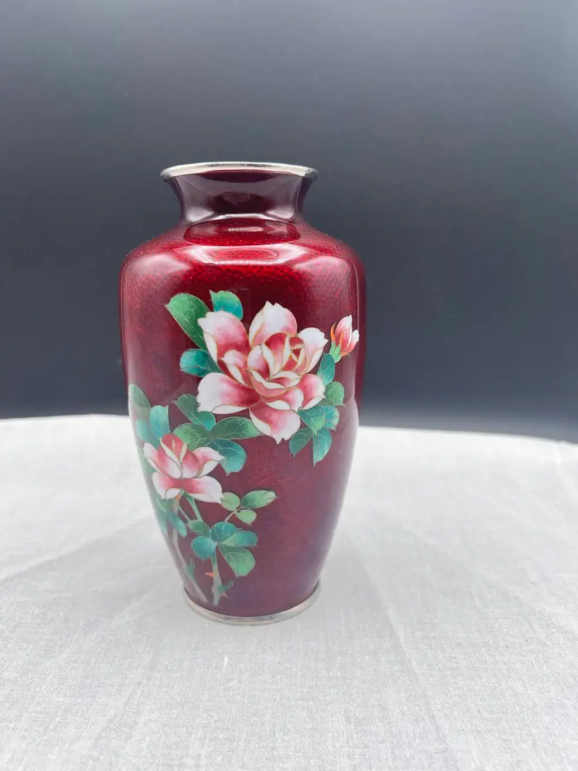 Vintage MCM Japanese Pigeon Blood Red Cloisonné Vase With Pink Roses