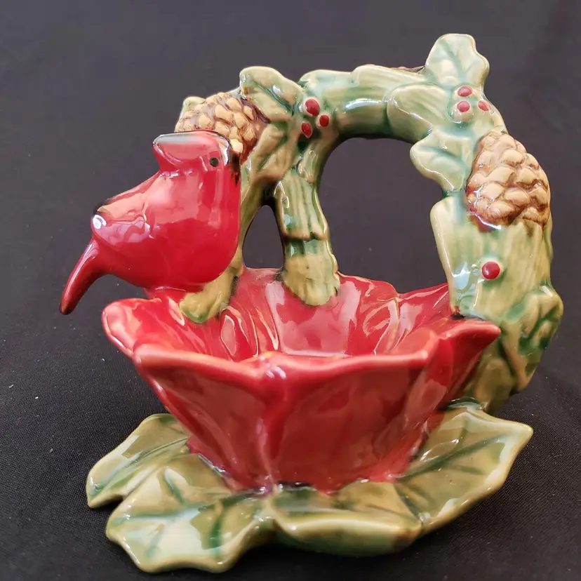 Christmas Cardinal Tealight Holly Leaves Pine Cones Ceramic Holder Bird Red Vintage