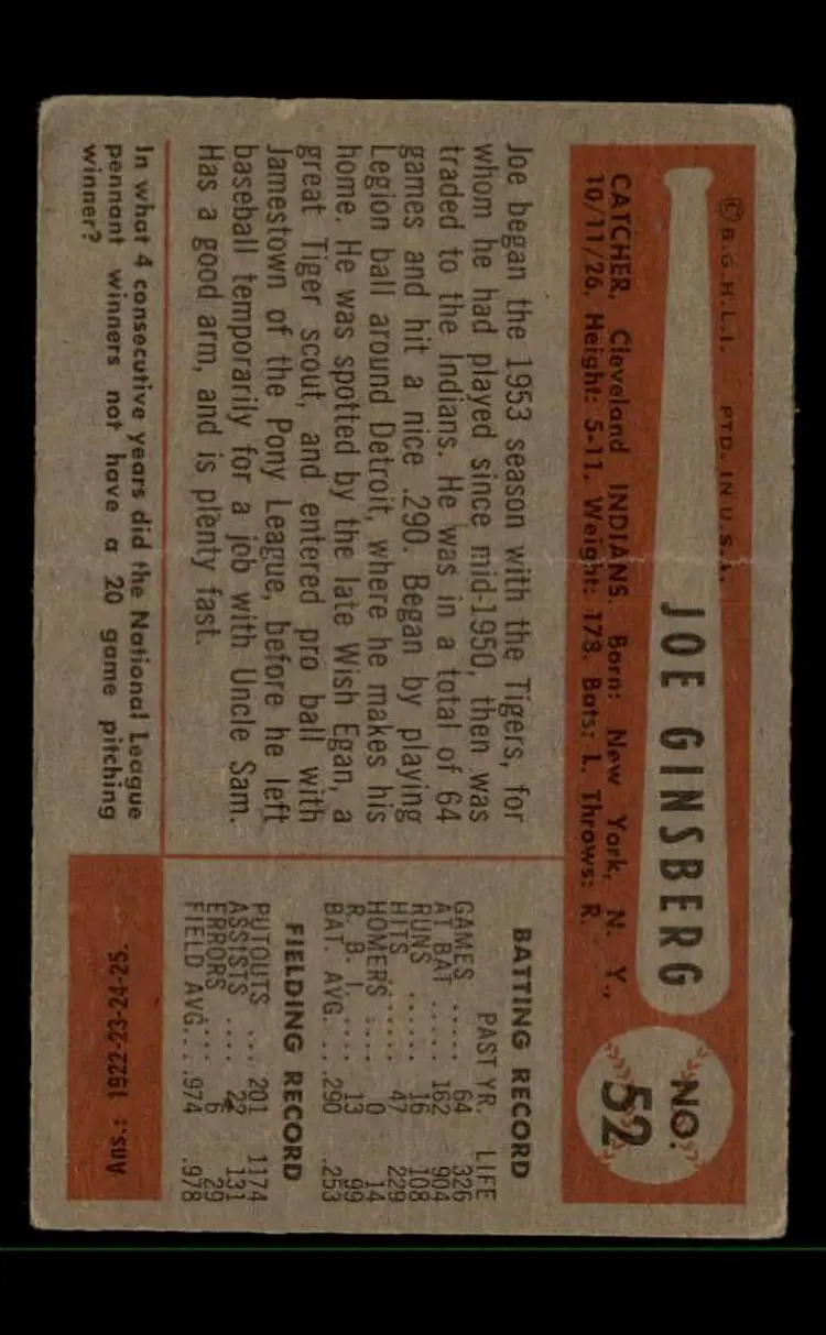 1954 Bowman #52 Myron Ginsberg - (pk-tl3) - Cleveland Indians