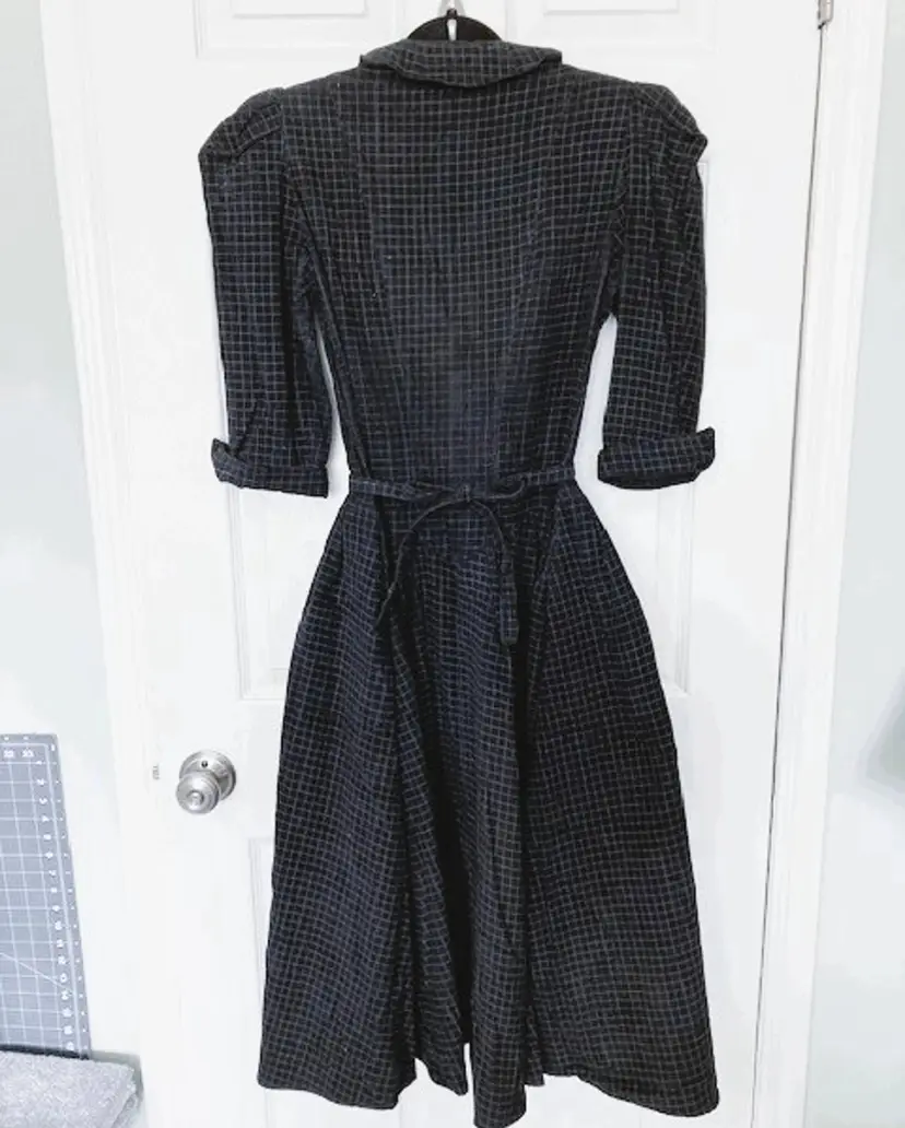 Vintage 80s Clues Collect Blue/Black Drop Corset Waist Dress Puff Shoulders 5/6