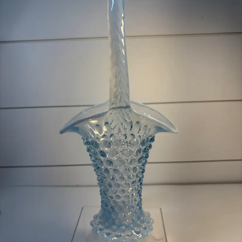 Duncan And Miller, Cape Cod, Blue Opalescent Hobnail Handled Basket Vase