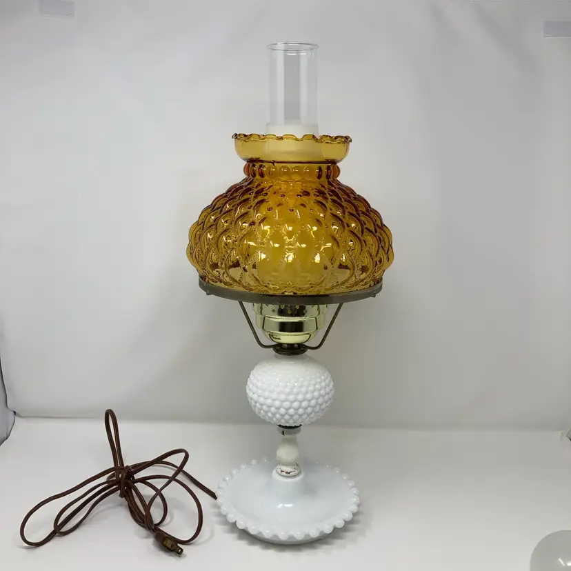 Vintage Amber Glass Shade With Milk Glass Base Electric Lamp! Referred to as a "Gone with the Wind"! 19” Tall! Working But Old Original Cord! Color Changing Bulb Not Included! Patina To Metal!