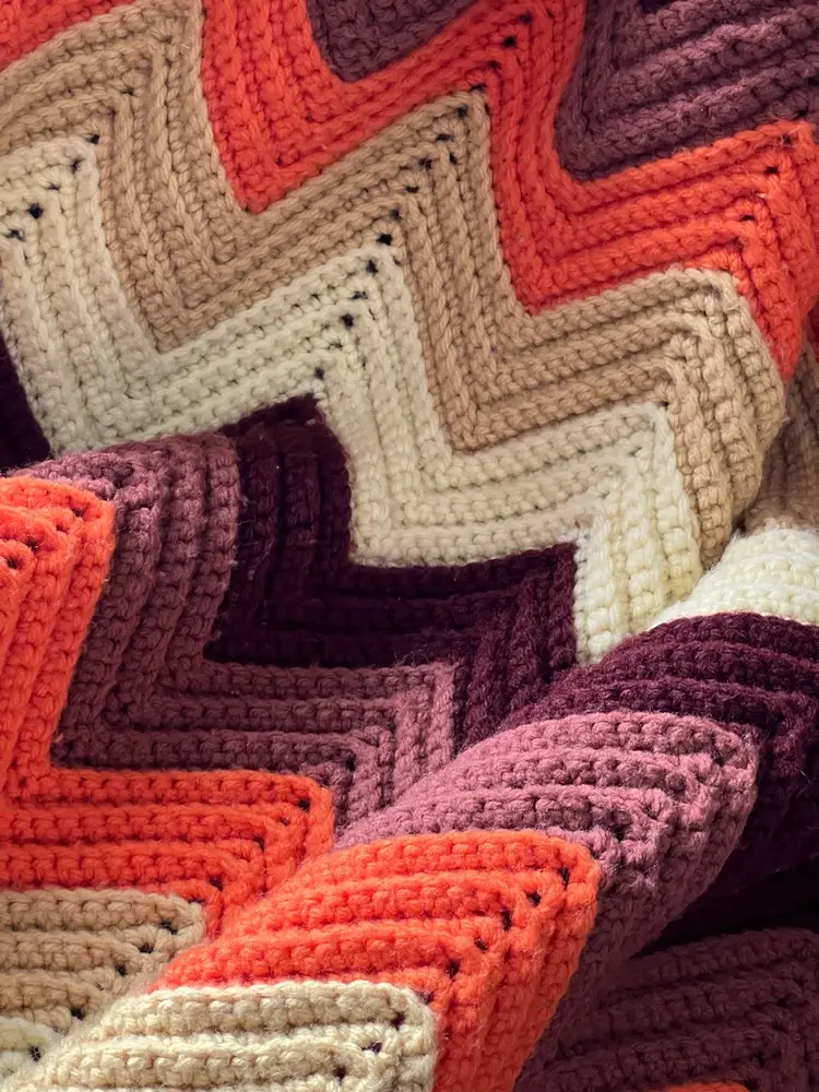 Vintage Crochet Chevron Afghan Orange Brown Yellow Tan