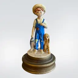 Schmid Music Box Boy With Dog And Fish Plays “Happy Wanderer” Japan 7.5”