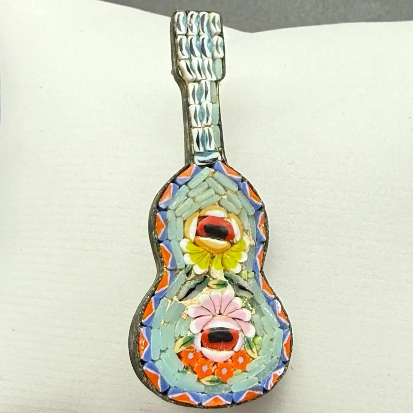 Antique Italian Brooch Micro Mosaic Guitar Blue Floral C Clasp Pin Italy 1 3/4"