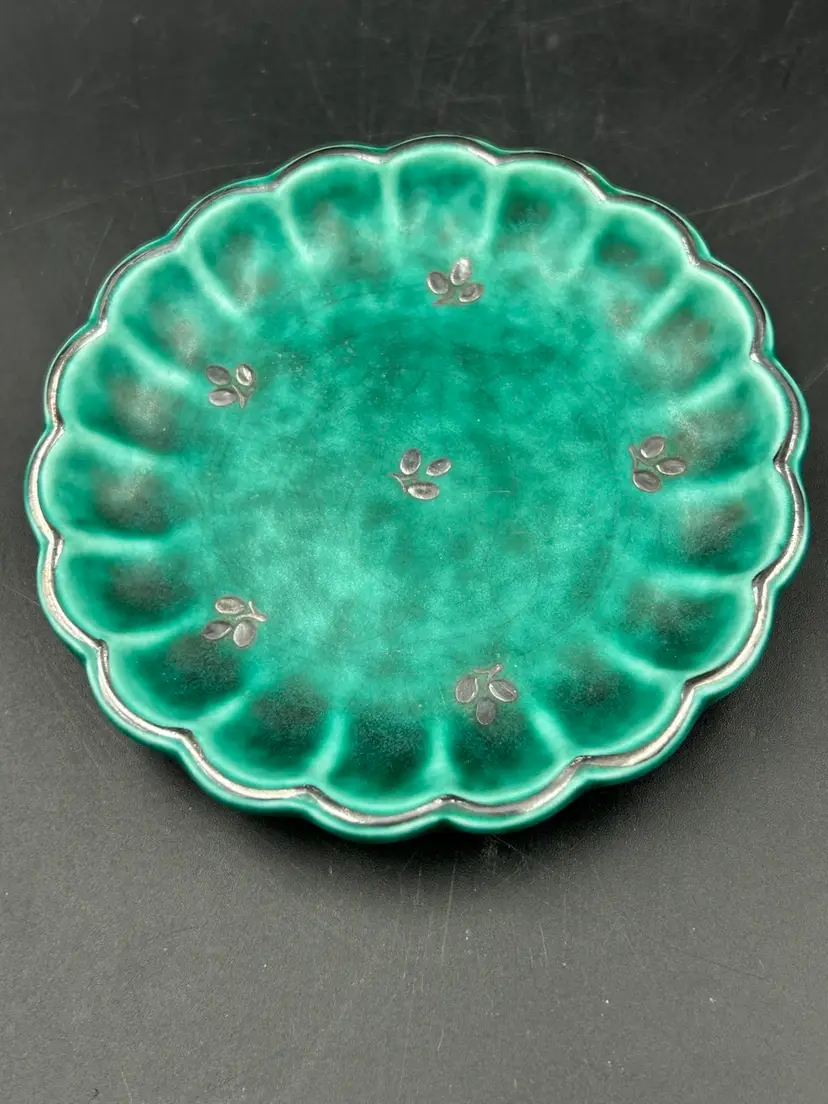Vintage Gustavsberg Sweden, Argenta, Art Pottery, Scalloped Edge Trinket Dish Silver Details