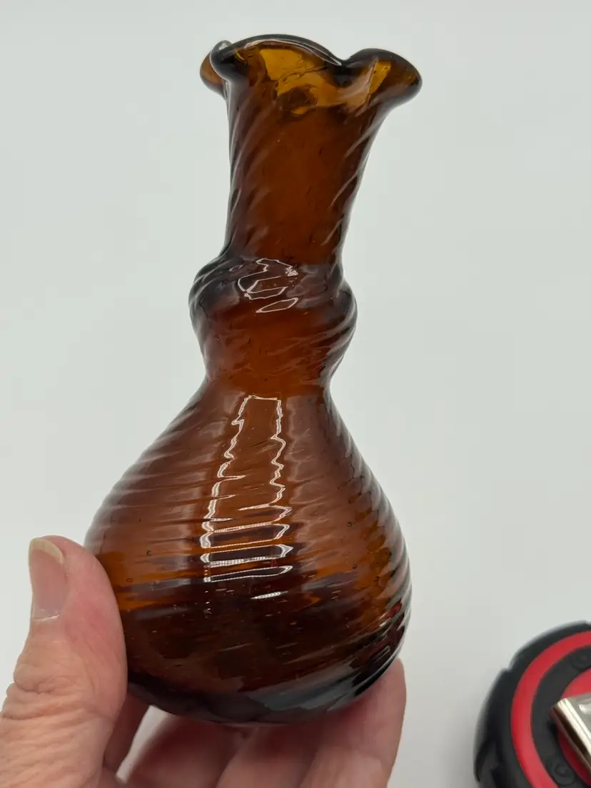 #09. Vintage Brown Hand Blown Crackle Art Glass Small Mini Vase