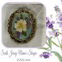 Vintage Hand Embroidered Floral Gold Tone Brooch