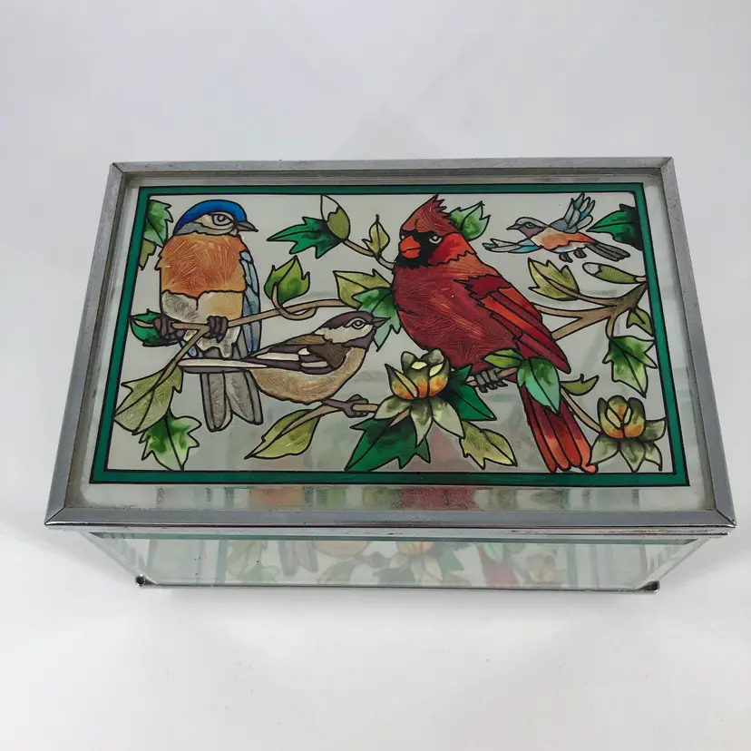 AMIA Cardinal & Birds Stained Glass Jewelry Box