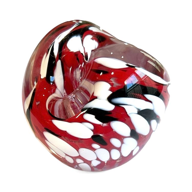 Signed Red Black And White Swirl Glass Art Paperweight Pen Holder