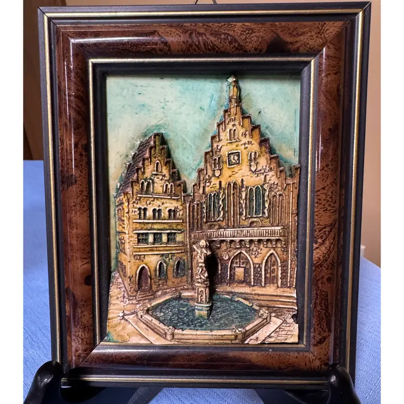 Framed Hand Painted Relief of Historic European Fountain Frankfurt Romer signed