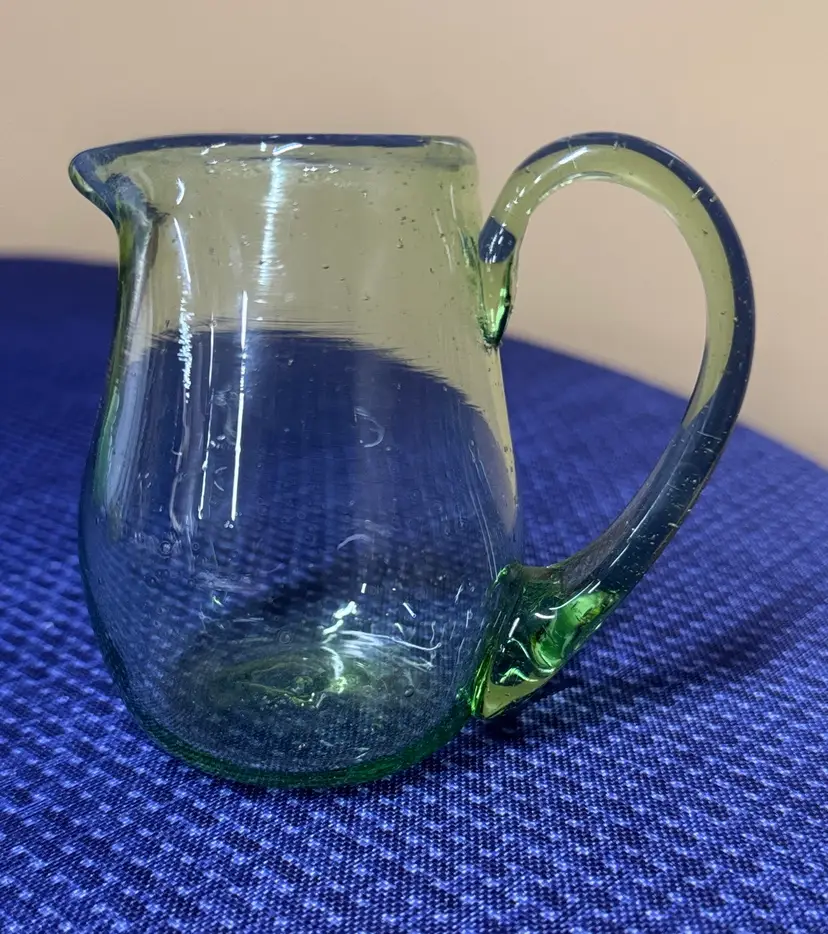 Hand Blown Jamestown Art Glass Green Pitcher 4" tall Applied Handle