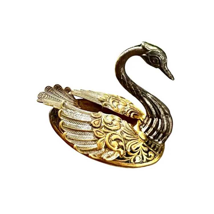Rare Toledo Damascene Swan Ashtray • Midcentury Spain Brass & Enamel • Hinged Wings • Ornate Vintage Tabletop Decor