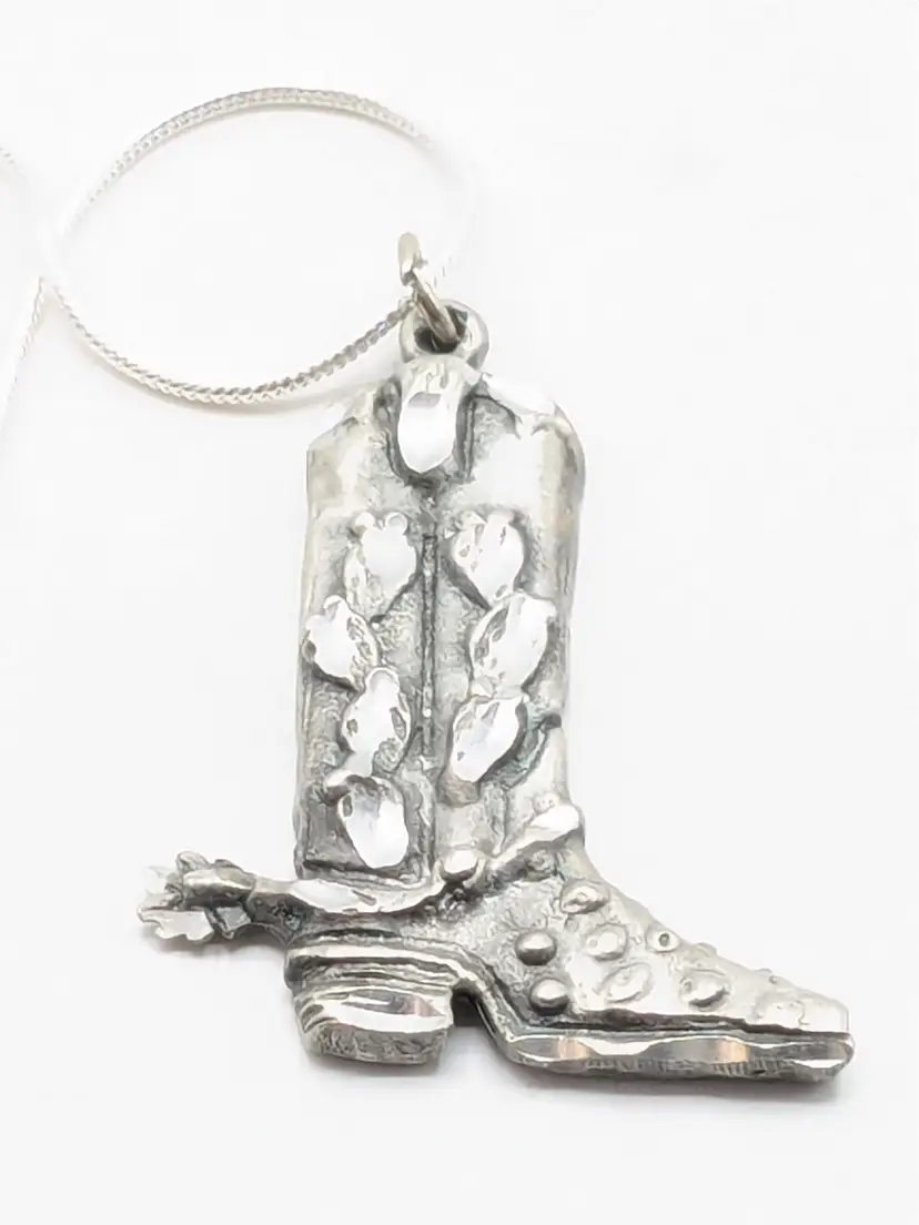 Cowboy Boot Pendant Necklace Silver Tone Western Jewelry
