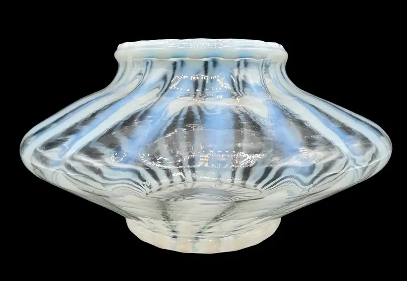 Antique Art Glass White Opalescent Stripe Squat Vase Oil Lamp Base 3.5”