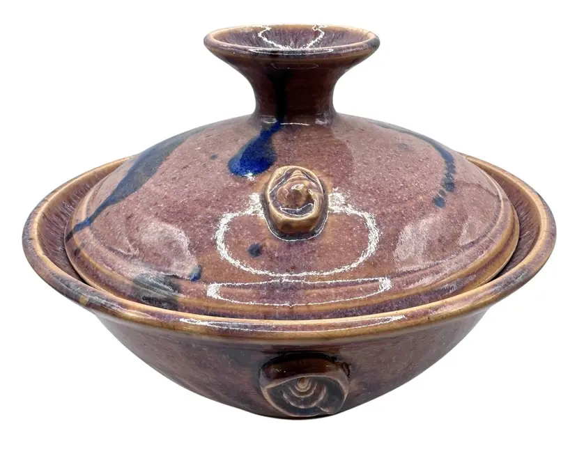 Signed Art Pottery Lidded Covered Casserole Dish Bowl Purple Pink Seashell 9x6”