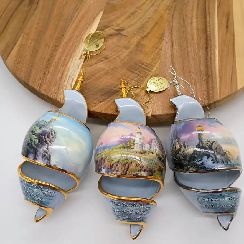 2003 Bradford Thomas Kinkade Shoreline Splendors Spiral Ornaments Set 3 98673