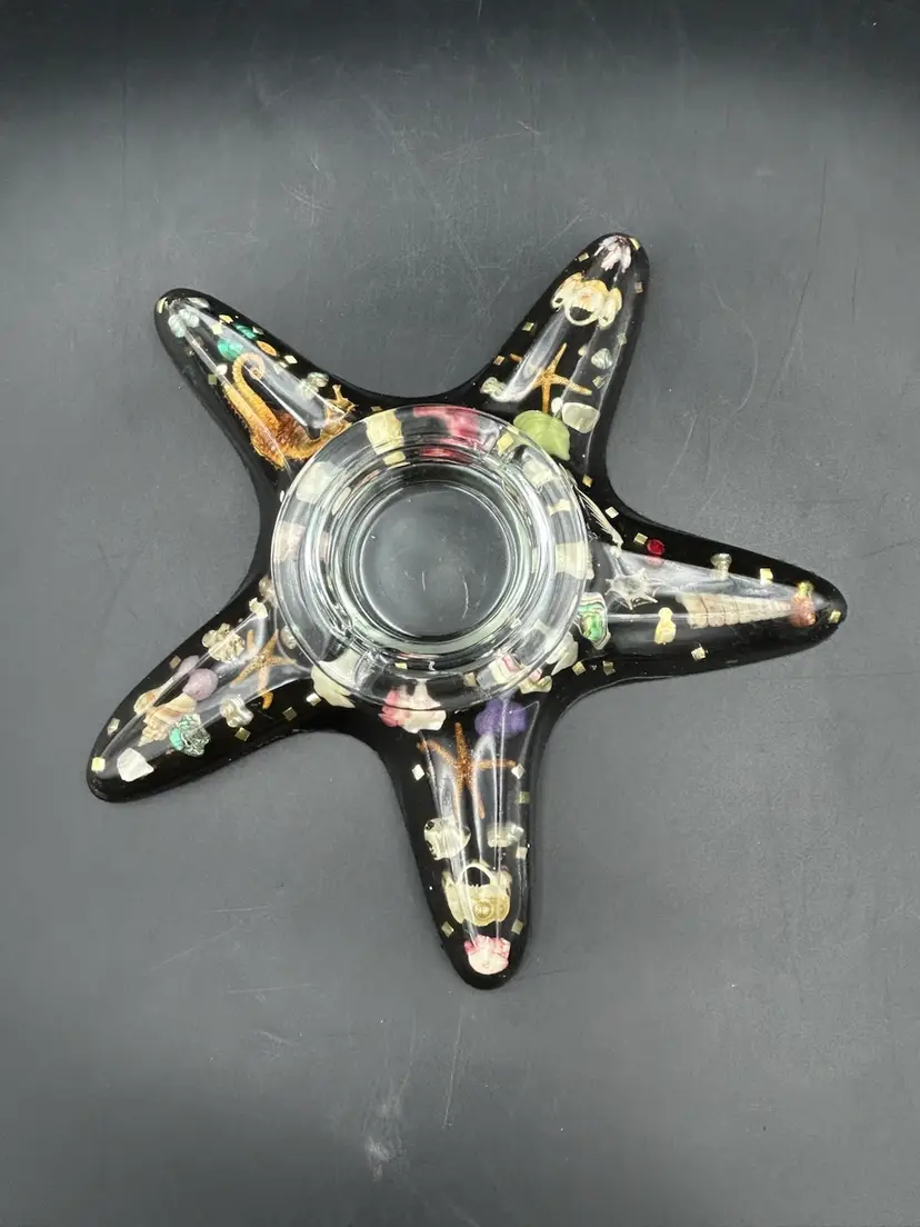 Vintage Retro MCM Resin Starfish Ashtray With Glass Insert Embedded Sea Life, Shells, And Abalone