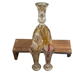 Karl Palda Vintage Art Deco Bohemian Cut To Clear Amber Decanter And Two Cordials Or Champagne Flutes