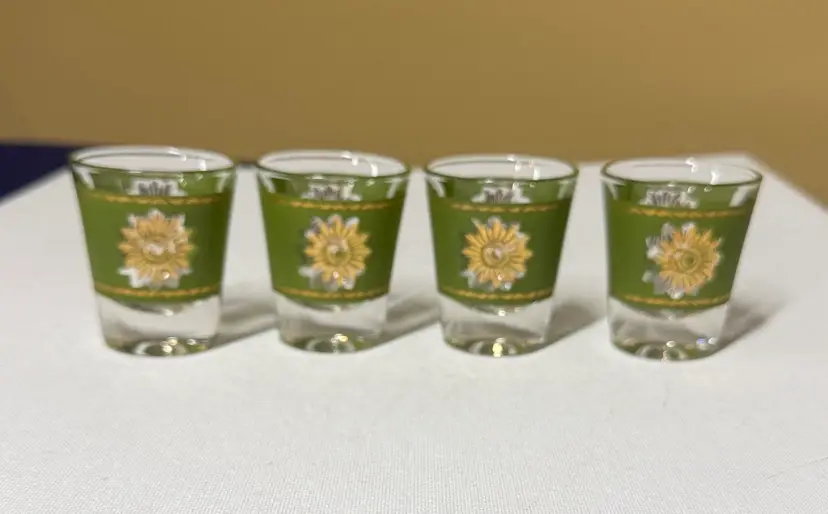 Federal Glass "Sunburst" shot glass "Rumpus" 
gold sunburst avocado green 1960s
