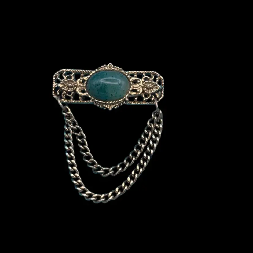 Vintage Filigree Green Cabochon Bar Brooch with Double Swag Chains – Mid-Century Costume Jewelry