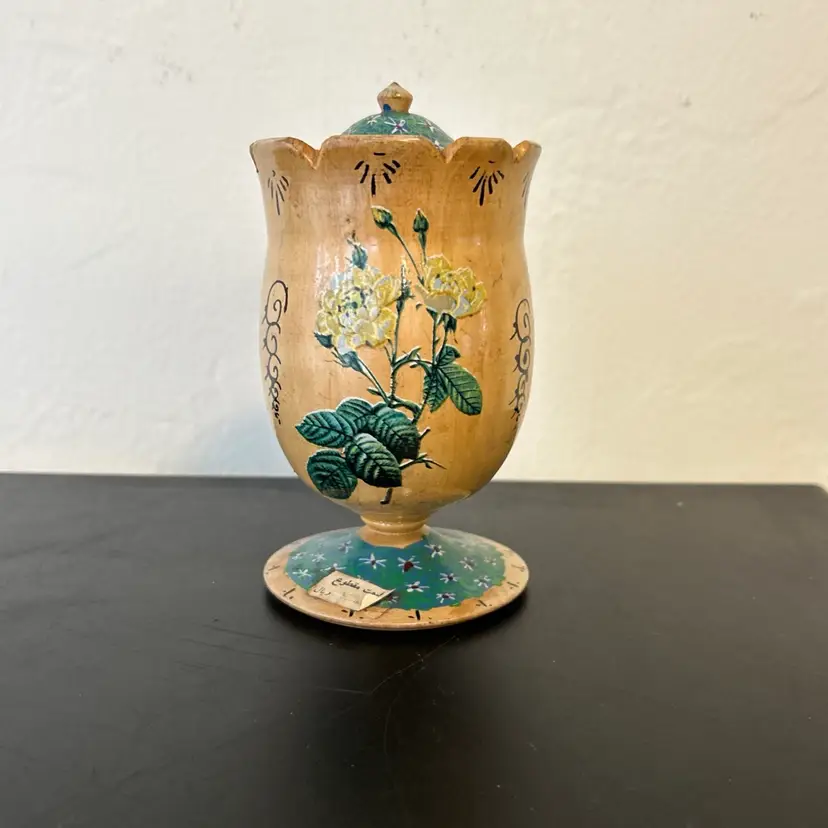 Vtg Persian Decorative Hand Painted Wooden Jar Roses Blue Green