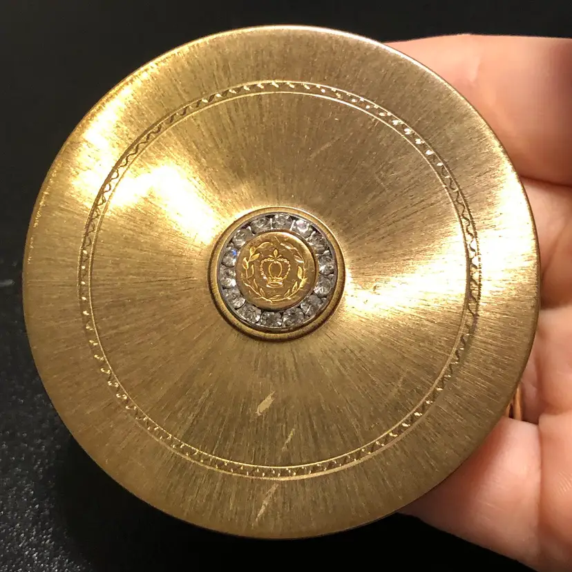 Vintage 50s Revlon Love-Pat Compact Gold Crown Emblem w/ Rhinestones Rachel