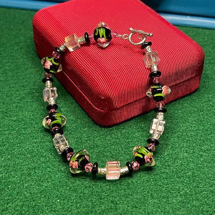 Art Glass Floral Bead Bracelet Toggle Clasp Sterling 925 Silver Black Pink Green