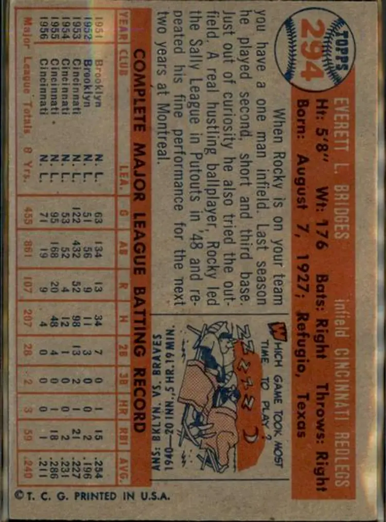 1957 Topps #294 Rocky Bridges - ( pk1 ) - Cincinnati Redlegs