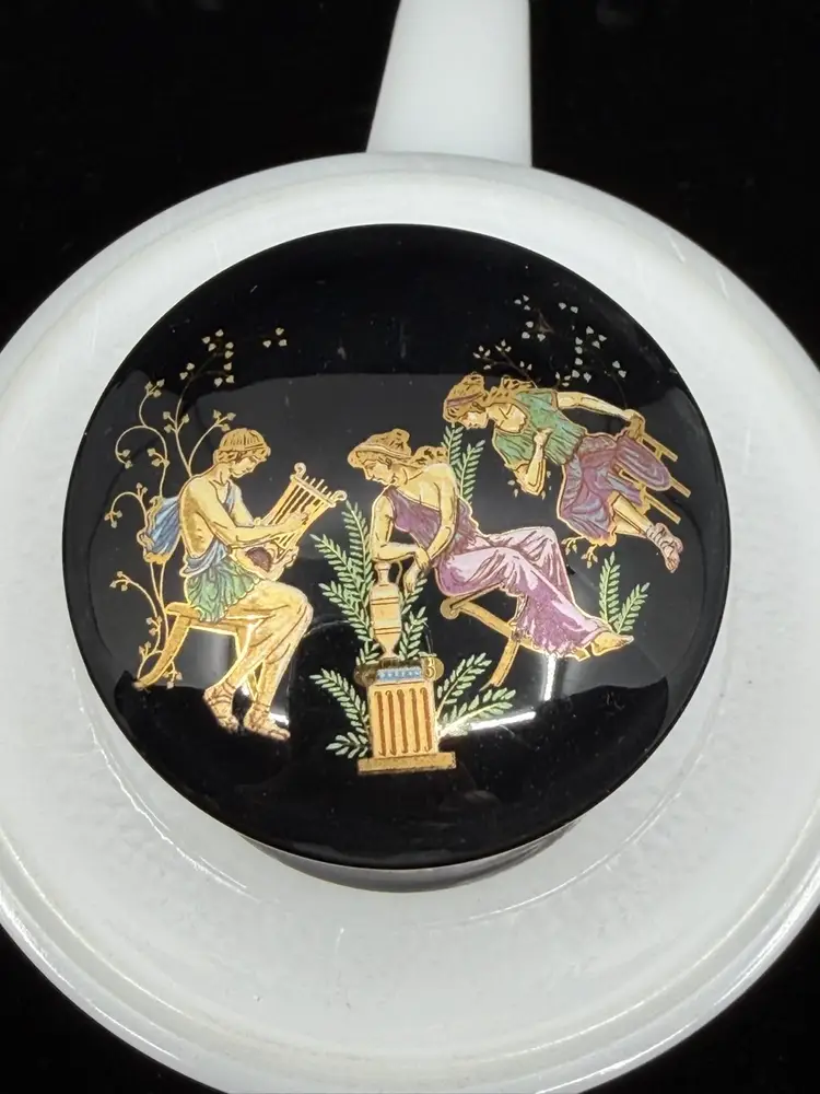 Vintage “Andros” Greek Ceramic Perfume Pot Black With Gold Accents