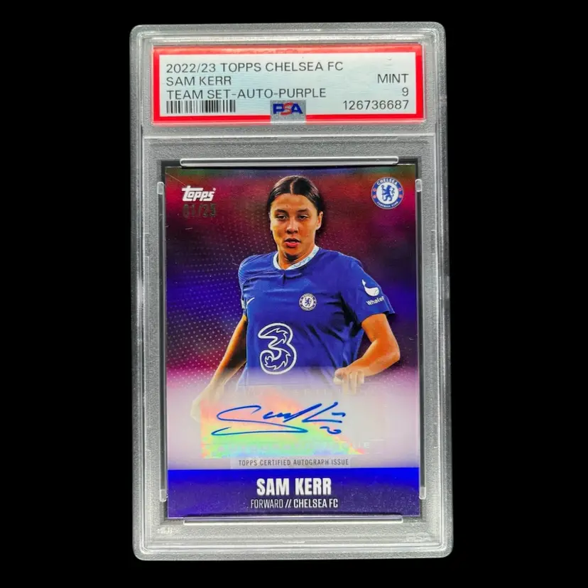 Sam Kerr 2022/23 Topps Chelsea Team Set Purple Autograph /25 PSA 9 Soccer Card