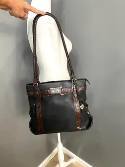 Vintage BRIGHTON Black Pebbled Leather Brown Shoulder Bag Purse 2 Straps Cowgirl