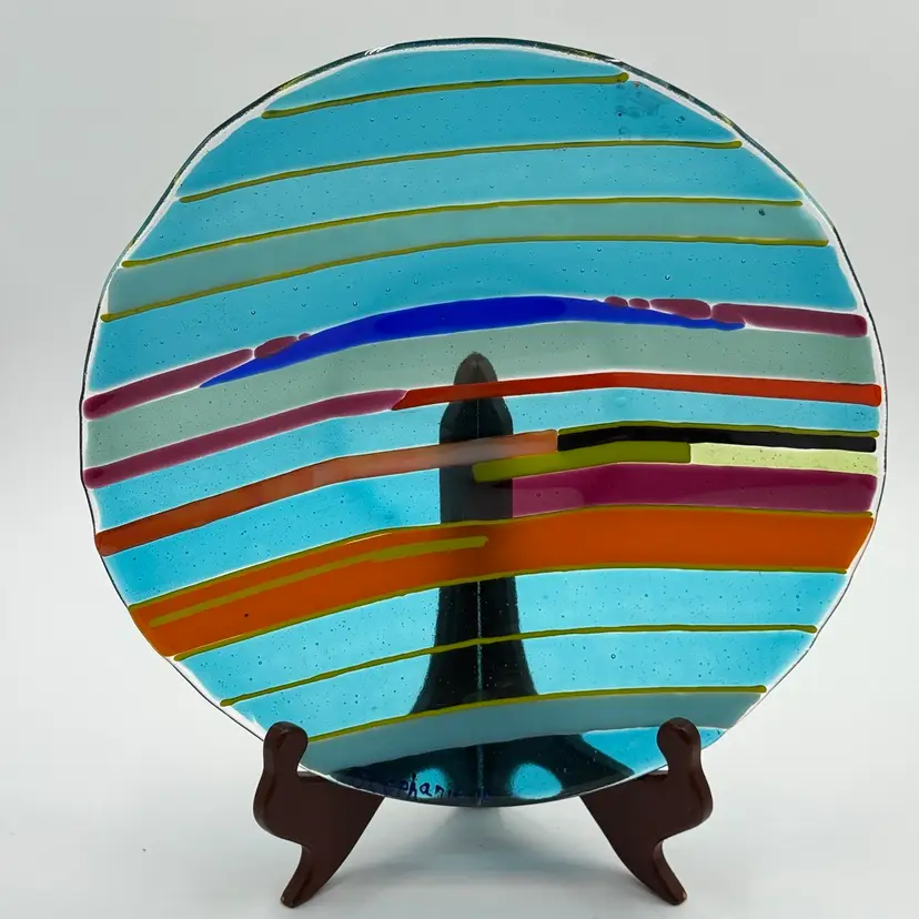 Art Fused Glass Striped Colorful Blue Round Decorative Bowl Artist Signed