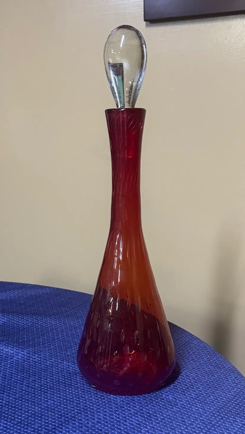 Bischoff Ruby Red Glass Decanter controlled bubbles clear w/ stopper 15.75” tall