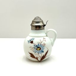 Antique Milk Glass Hand Painted Floral Design Syrup Pitcher