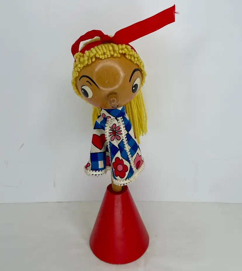 Vintage Steinbach Germany Wood Musical Spinning Toy MOD Girl Puppet With Stand