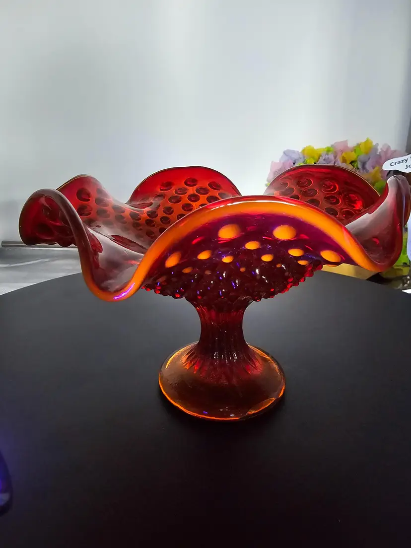 Vintage Red & Orange Hobnail Ruffled Rim Pedestal Dish With Yellow Rim