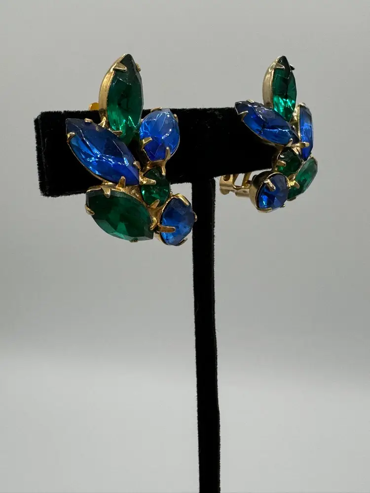 Blue And Green Rhinestones Prong Set On Gold Tone Clip On Earrings Vintage
