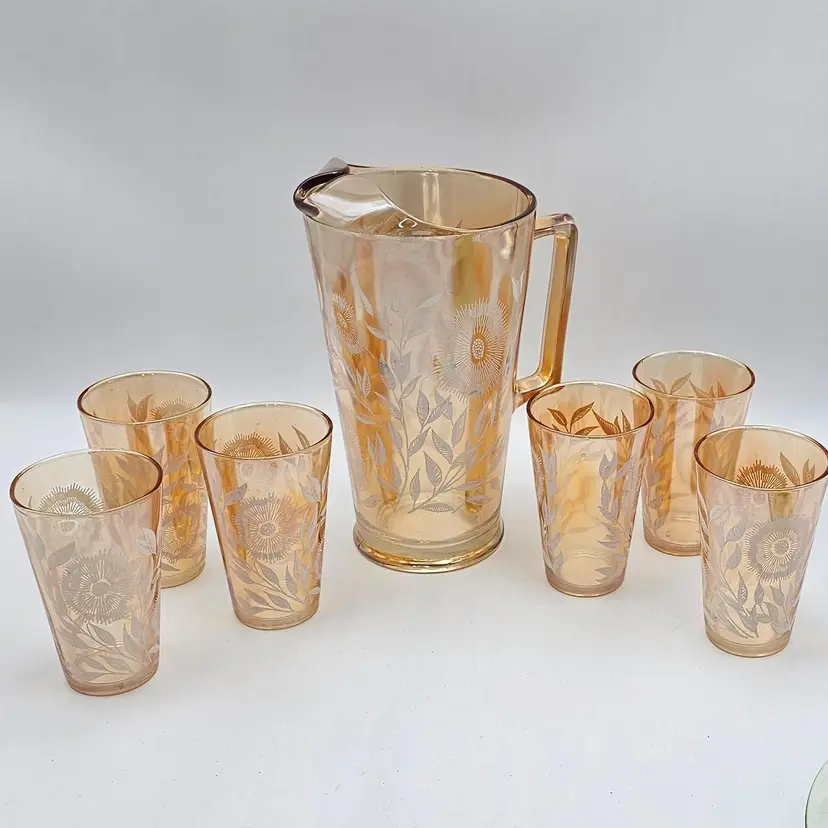 11. Vintage Jeanette Marigold Iridescent Carnival Glass Pitcher & 6 Glasses