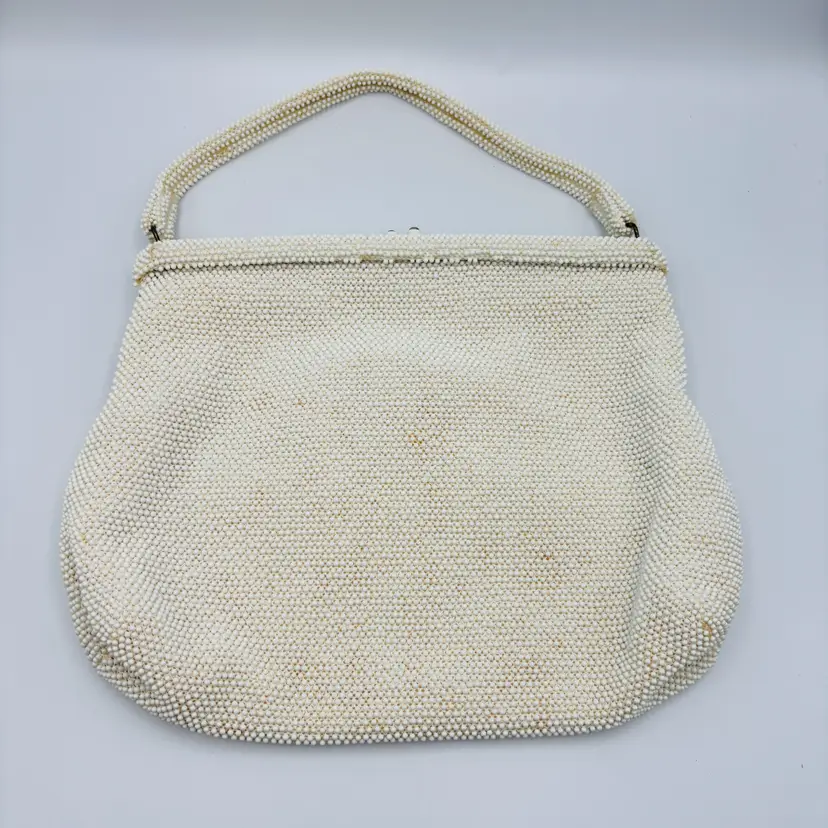 Vintage 60s Lumured Petite Bead White Beaded Kiss Lock Purse and Mirror Pouch