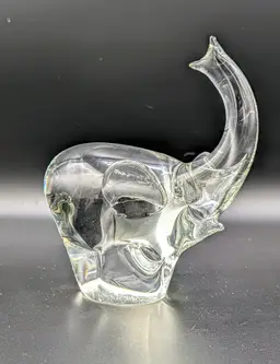 Vintage Clear Art Glass Elephant Figurine Raised Trunk Heavy 5” Polished Base