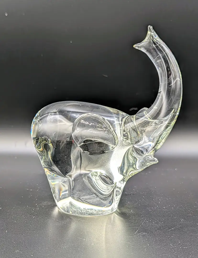 Vintage Clear Art Glass Elephant Figurine Raised Trunk Heavy 5” Polished Base