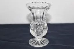 Pressed glass posy vase whirling hobstar base flared ribbed top sawtooth rim 4"