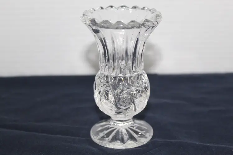 Pressed glass posy vase whirling hobstar base flared ribbed top sawtooth rim 4"