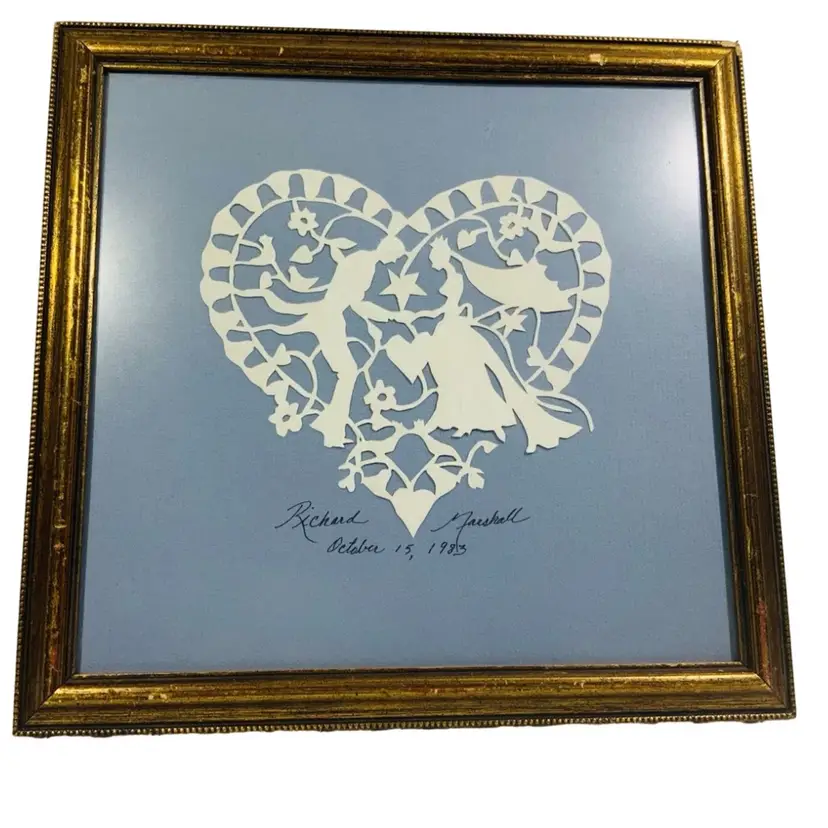 Vintage Personalized Wedding Anniversary Couple In Paper Cut Floral Heart Shaped Wreath Wall Art  13” By 13.5” Signed And  Framed